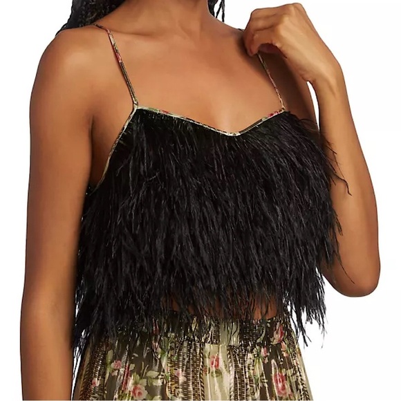 LOVE SHACK FANCY Dusty Metallic Floral Feathered Fringe Hem Crop Top - Picture 3 of 13